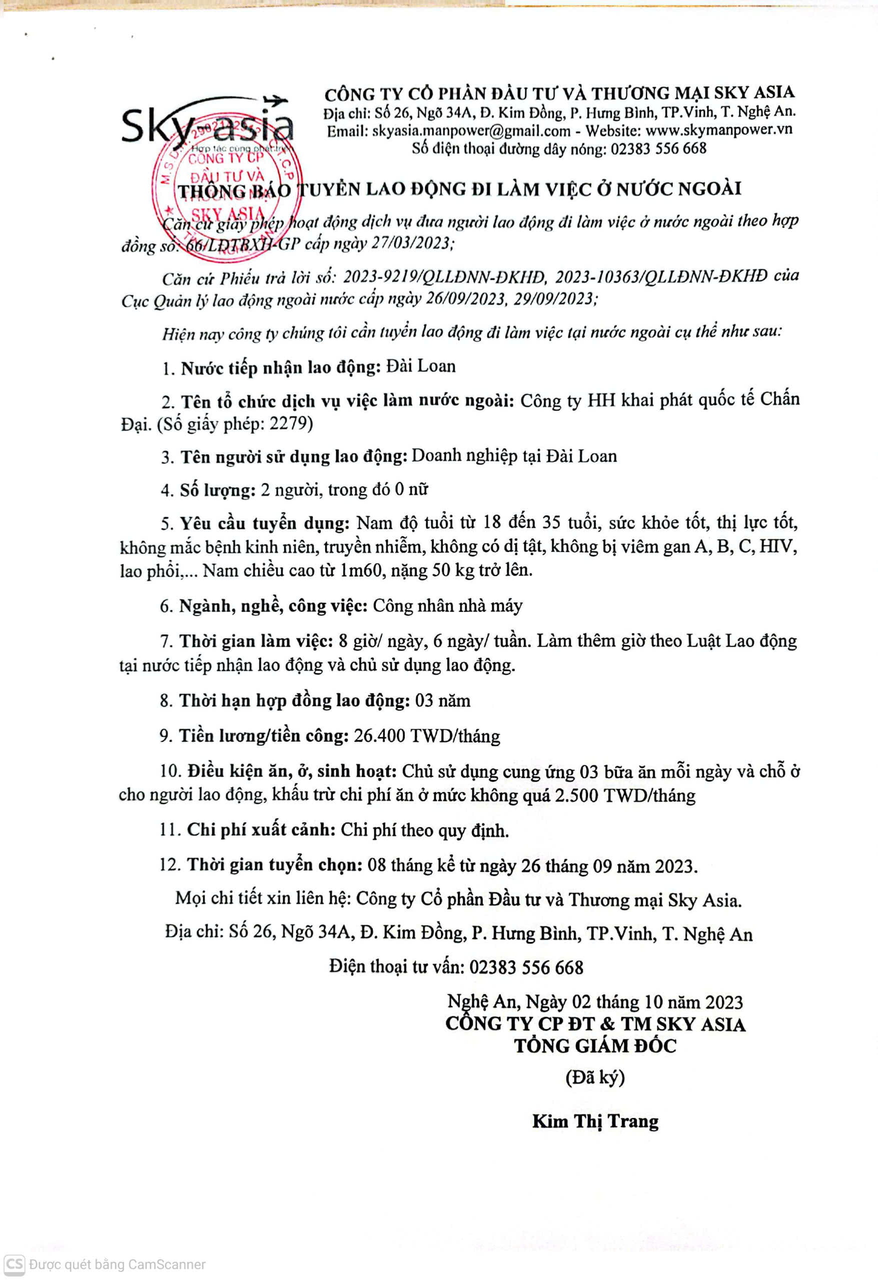  THÔNG BÁO TUYỂN LAO ĐỘNG LÀM VIỆC TẠI ĐÀI LOAN THÁNG 09/2023